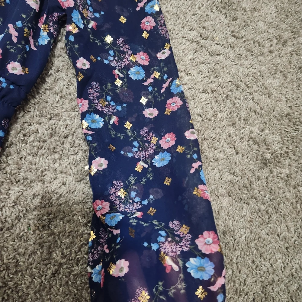 Girls' Navy Floral Long-Sleeve Casual Dress with Pink & Light Blue Flowers